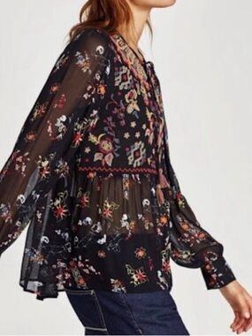 Zara Black Sheer Embroidered Boho Blouse